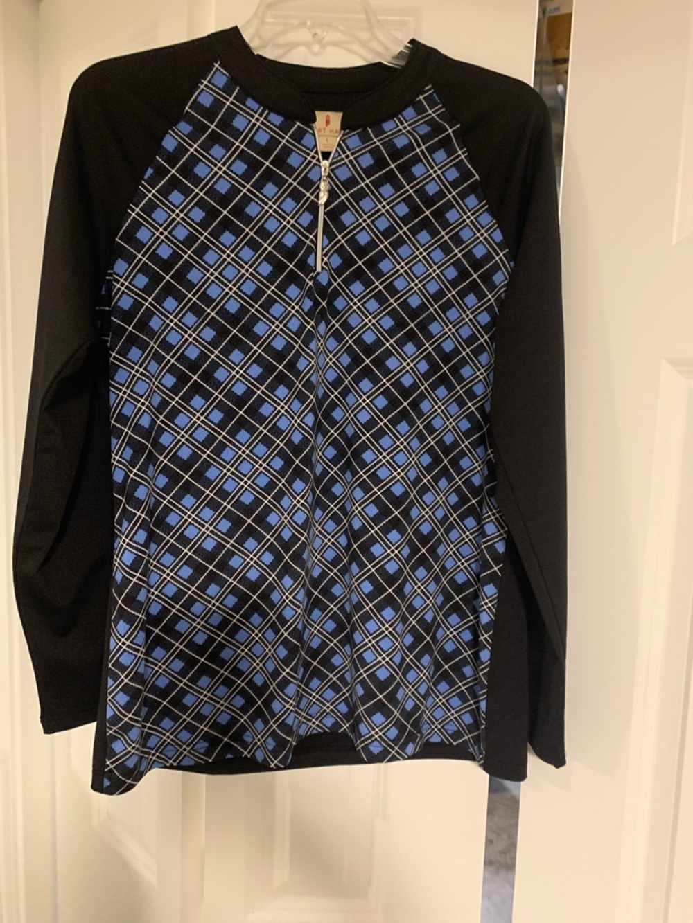 Sport Haley Black and Blue Argyle Zip-Front Long Sleeve Top